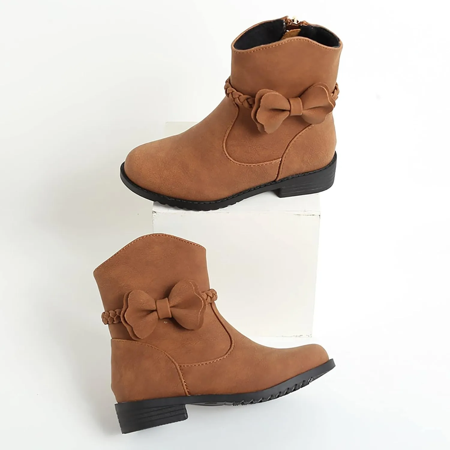 Girls Bow Decor Braided Detail Zip Side Western Boots Kids Ankle Boots Girls Low Heel Riding Kids Boots for Girls