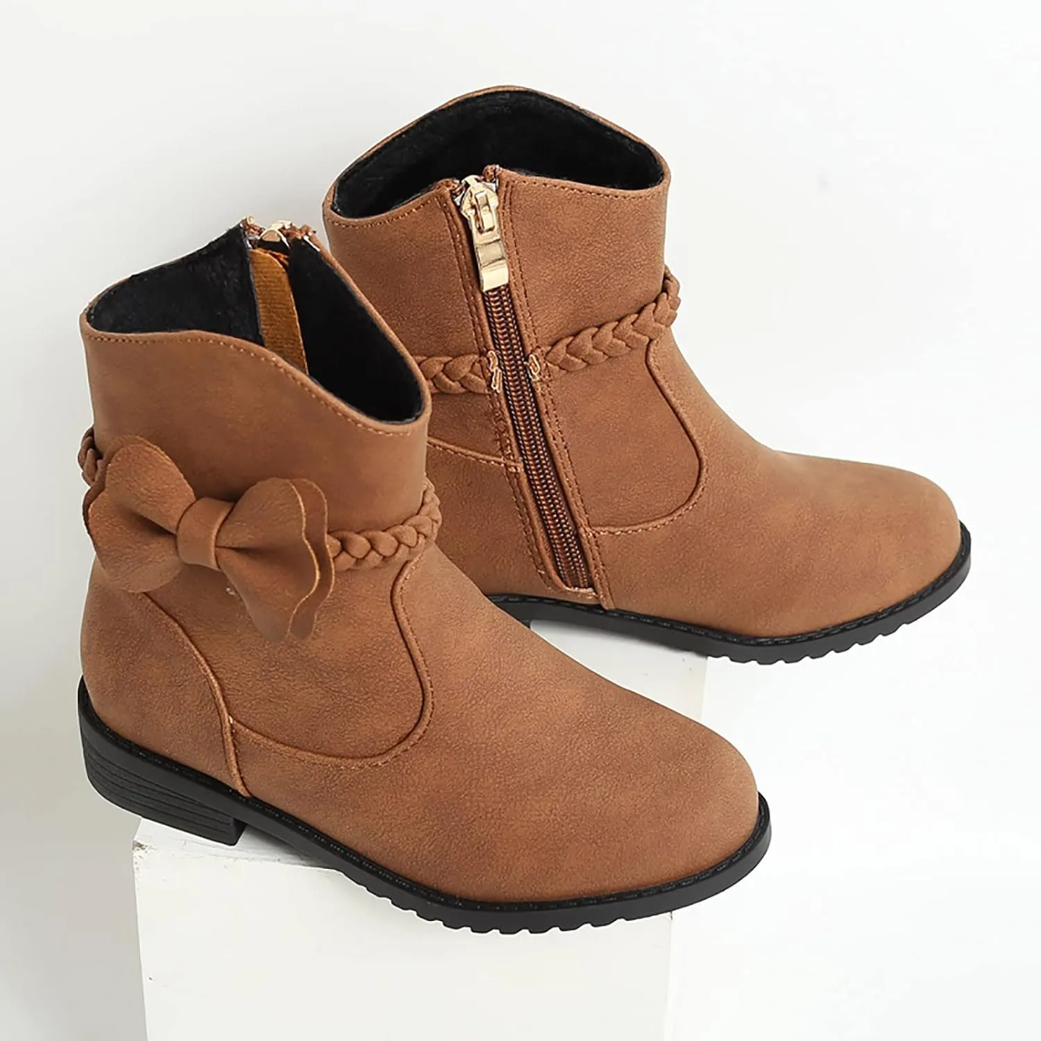 Girls Bow Decor Braided Detail Zip Side Western Boots Kids Ankle Boots Girls Low Heel Riding Kids Boots for Girls