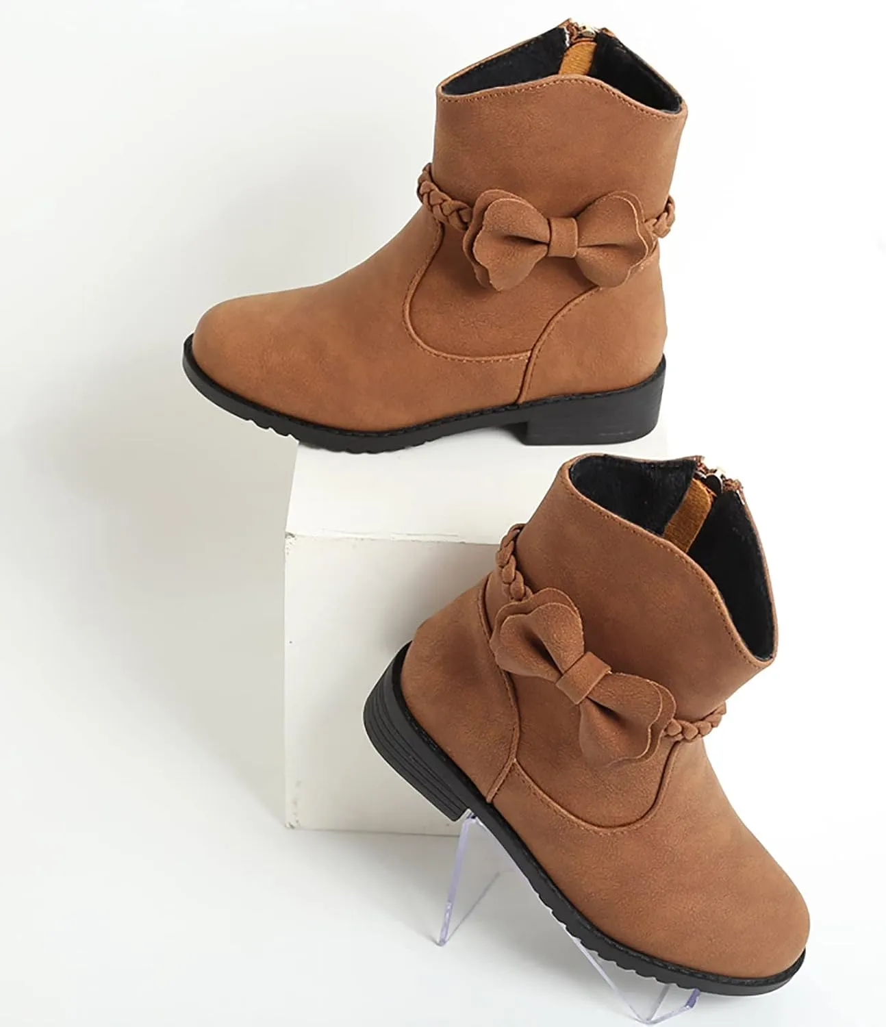 Girls Bow Decor Braided Detail Zip Side Western Boots Kids Ankle Boots Girls Low Heel Riding Kids Boots for Girls