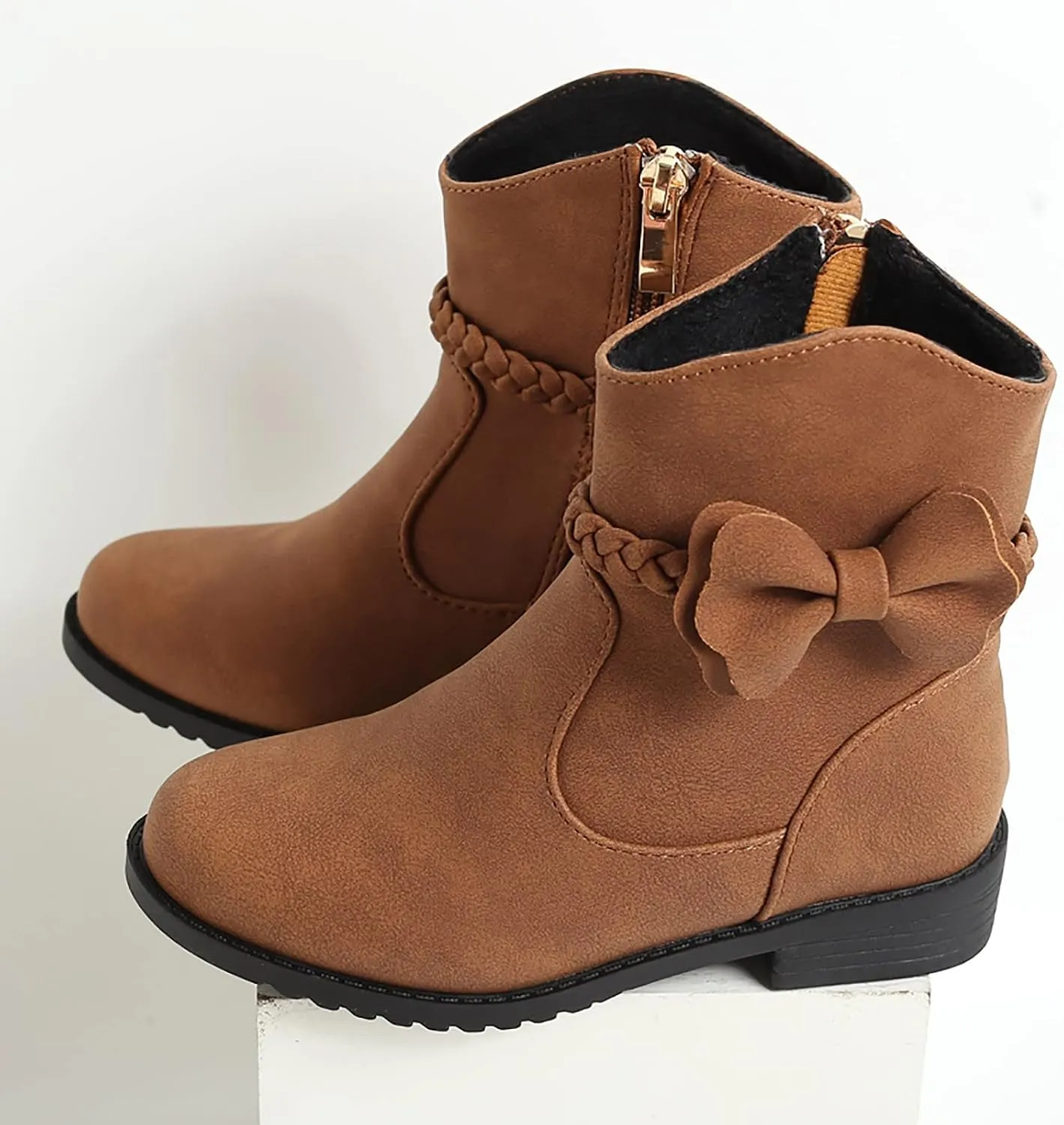 Girls Bow Decor Braided Detail Zip Side Western Boots Kids Ankle Boots Girls Low Heel Riding Kids Boots for Girls