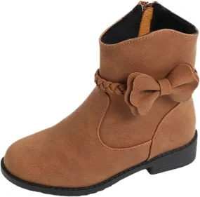 Girls Bow Decor Braided Detail Zip Side Western Boots Kids Ankle Boots Girls Low Heel Riding Kids Boots for Girls