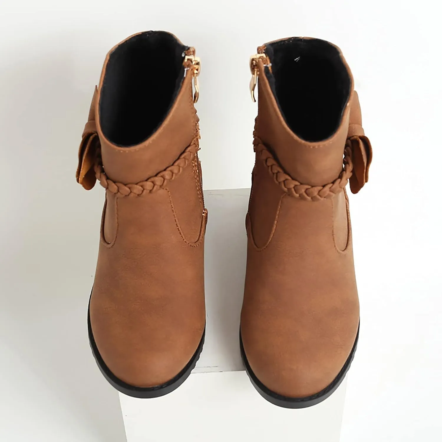 Girls Bow Decor Braided Detail Zip Side Western Boots Kids Ankle Boots Girls Low Heel Riding Kids Boots for Girls