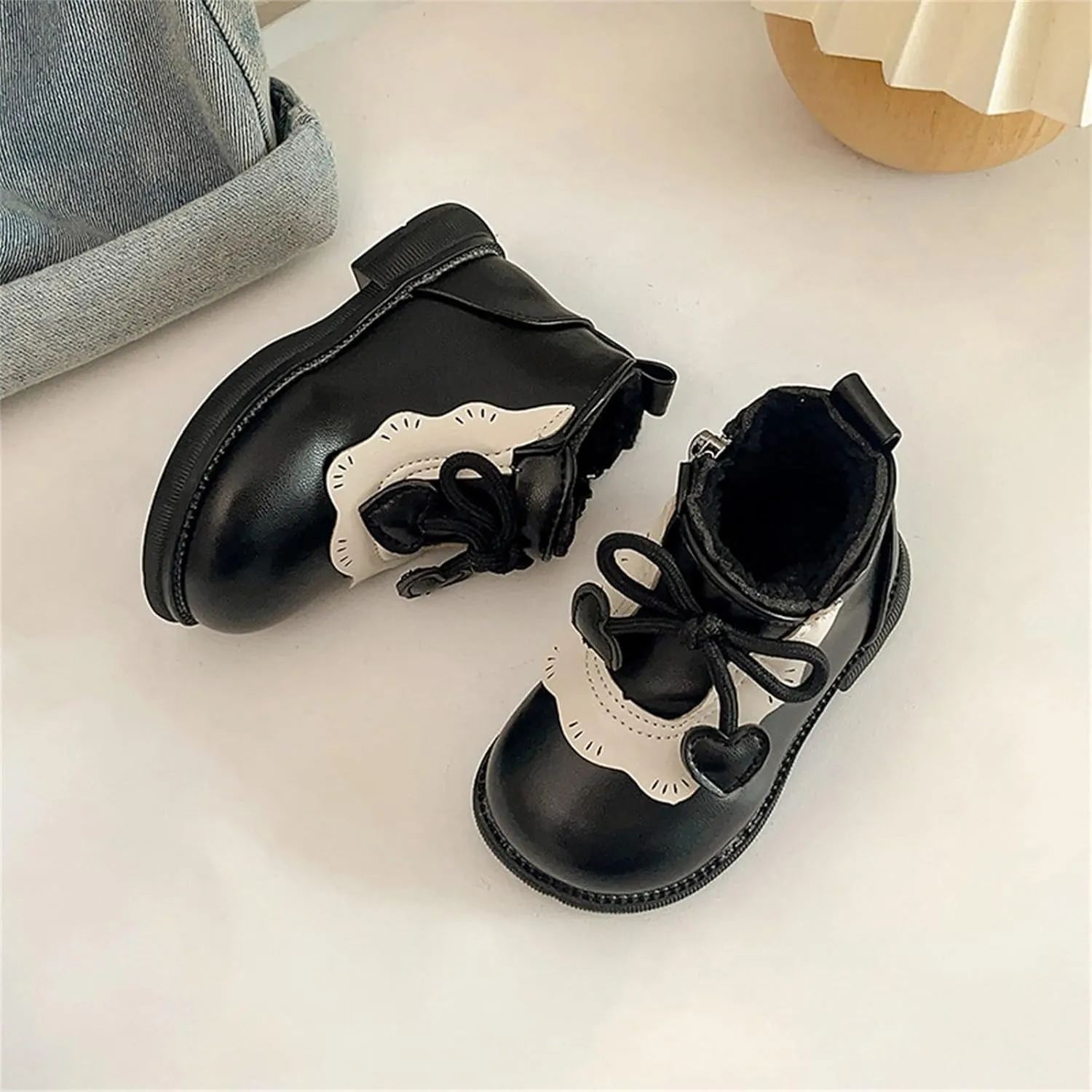 Girls Leather Shoes Warm Snow Ankle Boots Baby Bowknot Non Slip Shoes Round Toe Shoes Infant Warm Side Zipper Boots