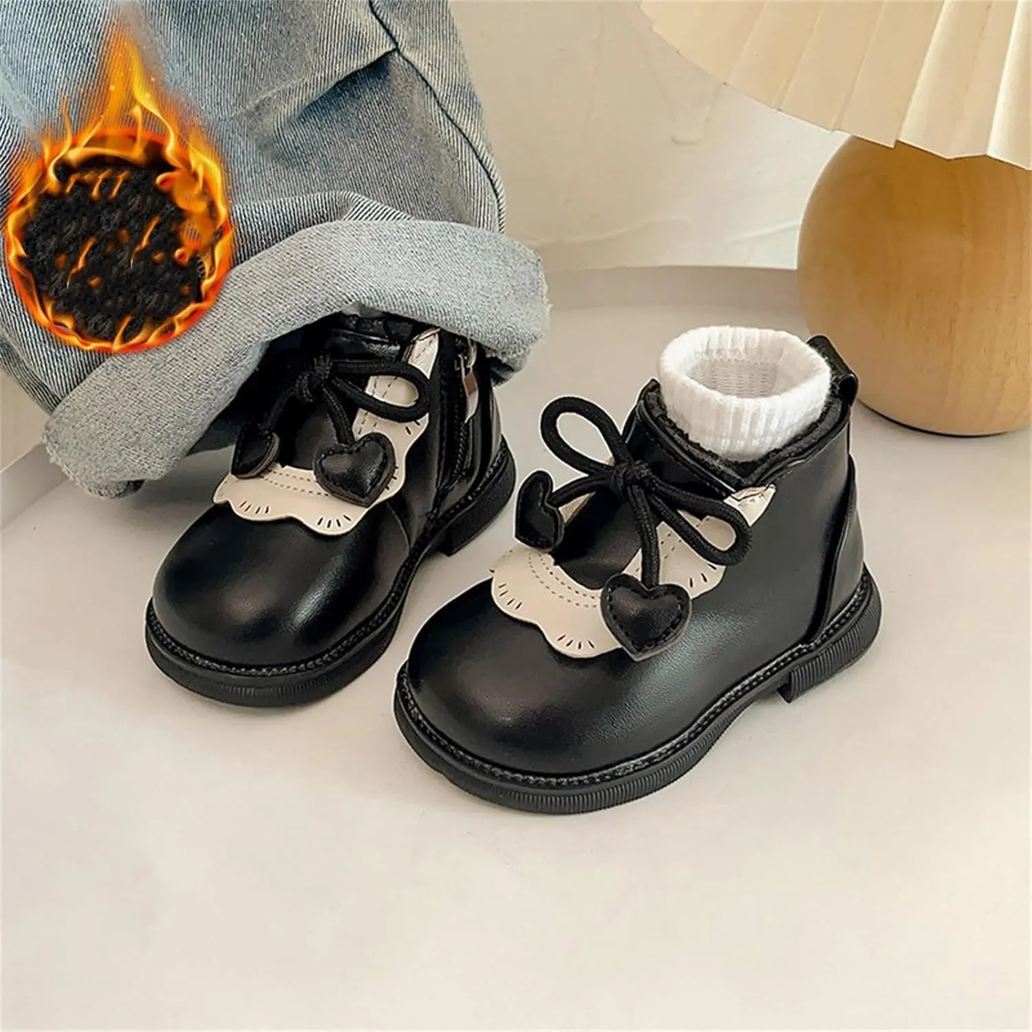 Girls Leather Shoes Warm Snow Ankle Boots Baby Bowknot Non Slip Shoes Round Toe Shoes Infant Warm Side Zipper Boots
