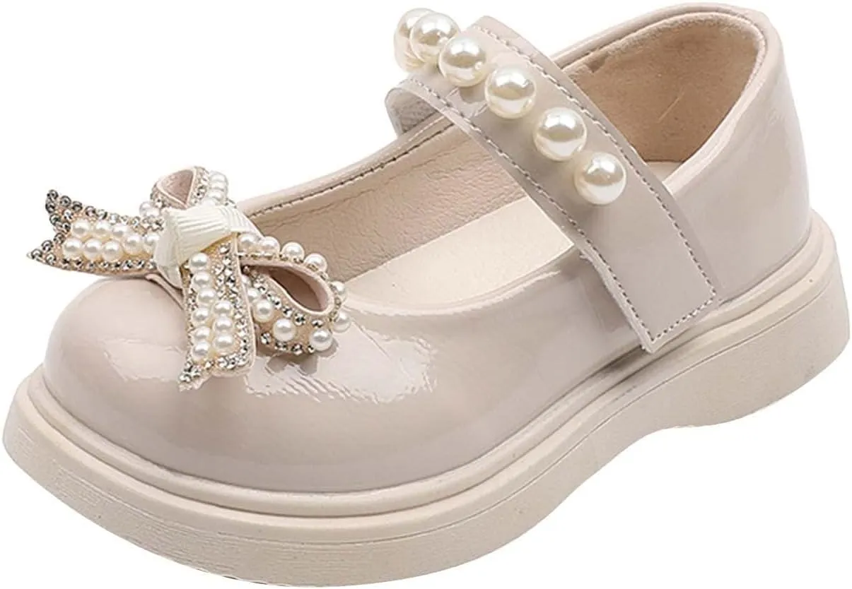 Girls Sandals Children Shoes Pearl Bow Tie Hook Loop Princess Shoes Dance Shoes Kids Heels (Beige, 3 Years)