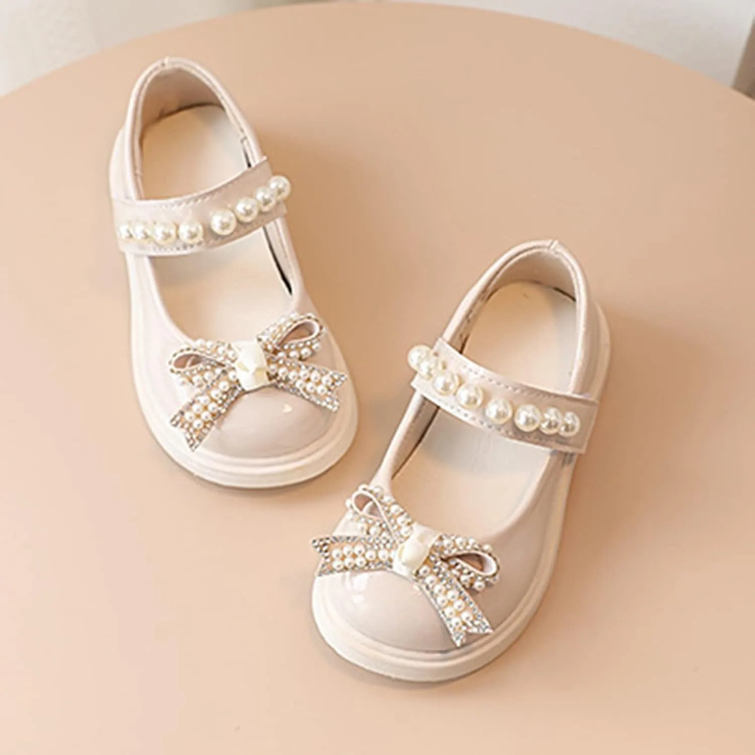 Girls Sandals Children Shoes Pearl Bow Tie Hook Loop Princess Shoes Dance Shoes Kids Heels (Beige, 3 Years)