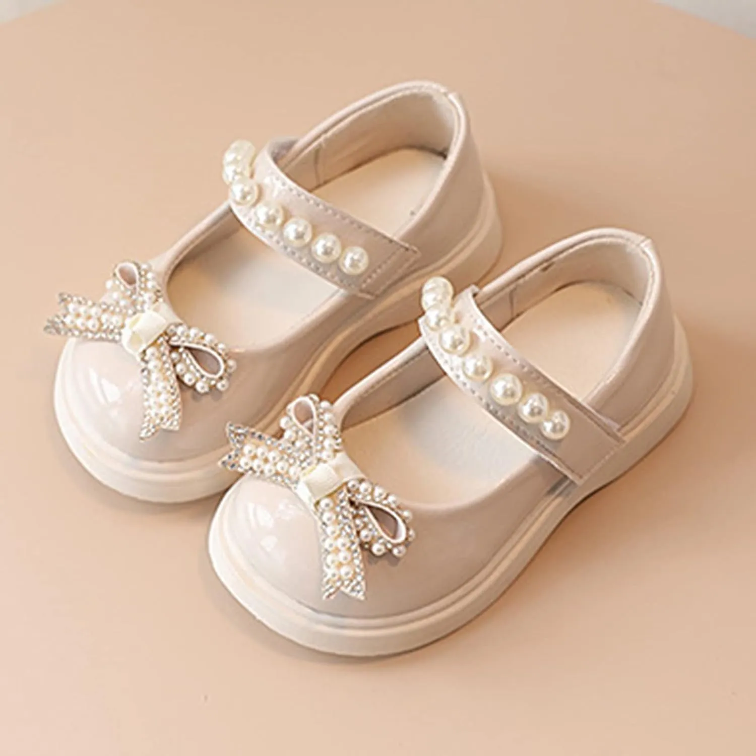 Girls Sandals Children Shoes Pearl Bow Tie Hook Loop Princess Shoes Dance Shoes Kids Heels (Beige, 3 Years)