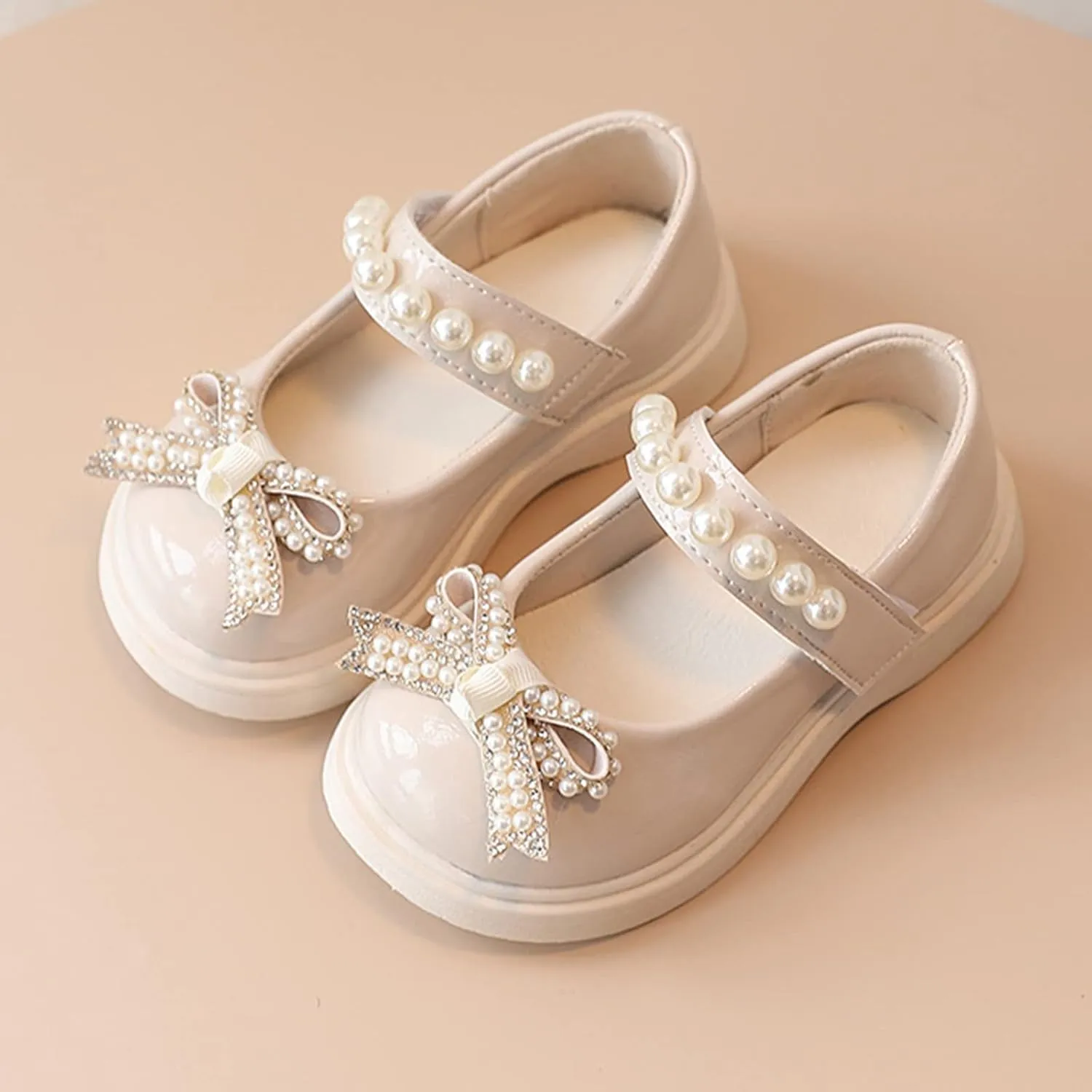 Girls Sandals Children Shoes Pearl Bow Tie Hook Loop Princess Shoes Dance Shoes Kids Heels (Beige, 3 Years)