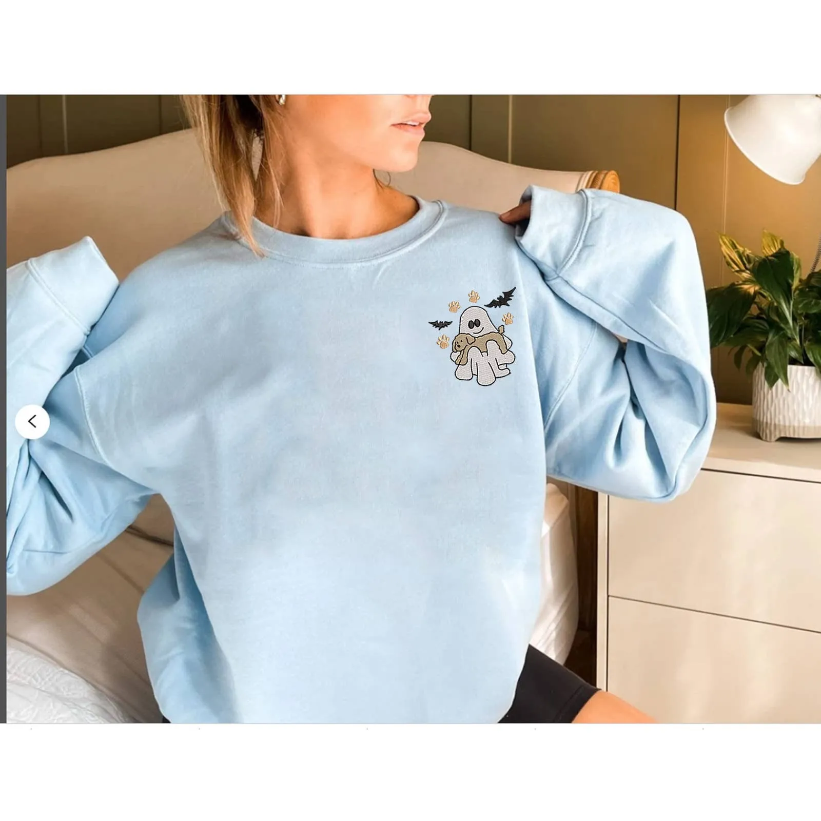 Halloween Embroidered Spooky with Dog Sweatshirt / Fall Halloween Ghost Sweatshirt