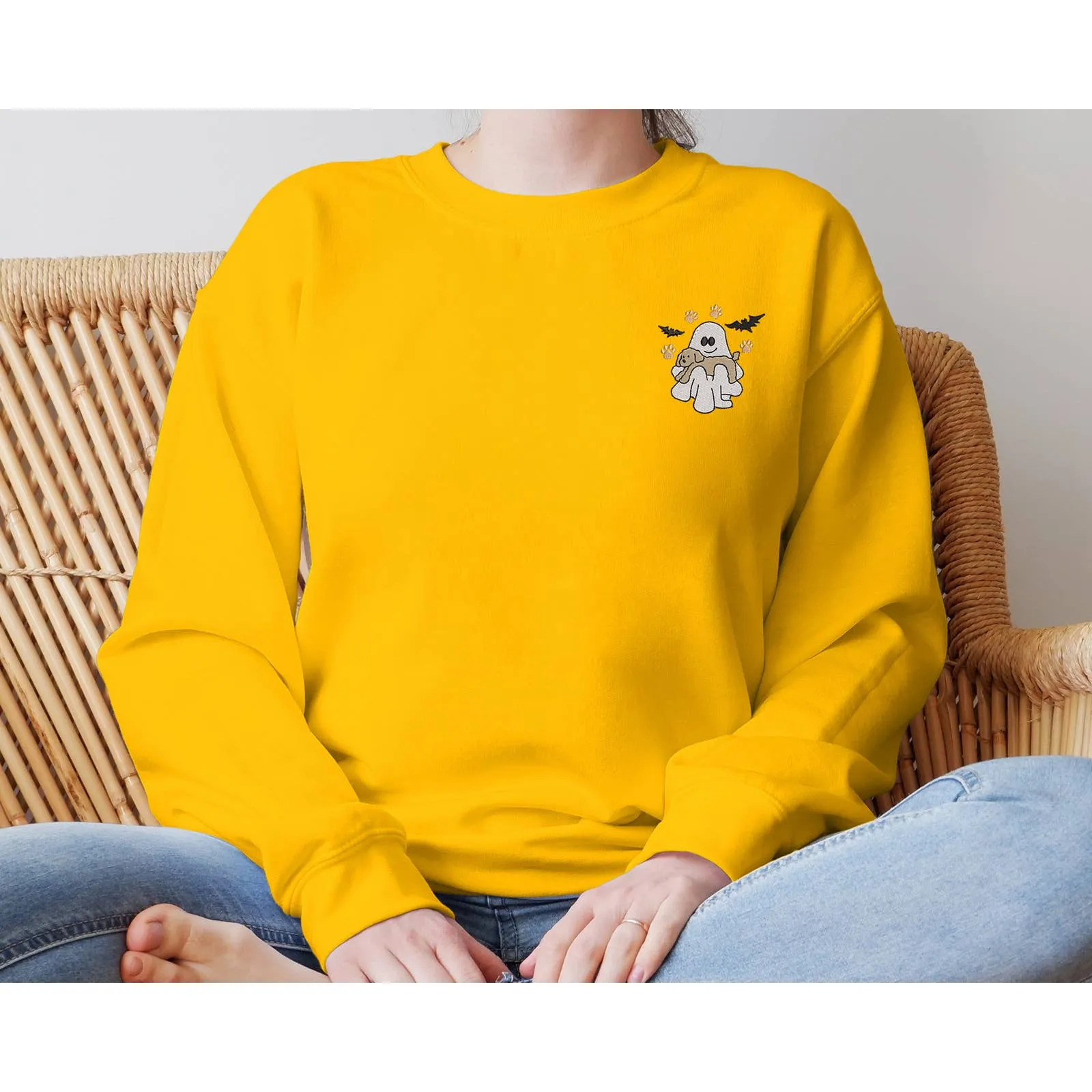 Halloween Embroidered Spooky with Dog Sweatshirt / Fall Halloween Ghost Sweatshirt
