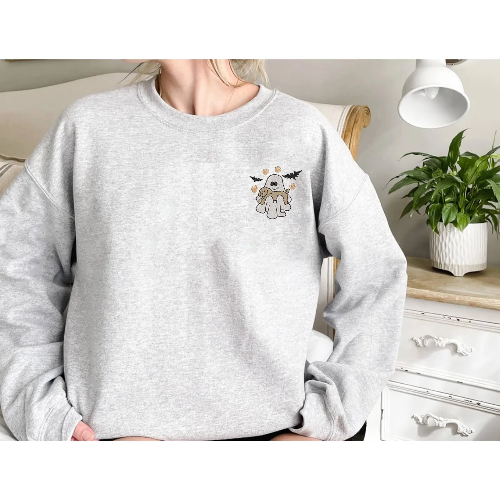 Halloween Embroidered Spooky with Dog Sweatshirt / Fall Halloween Ghost Sweatshirt