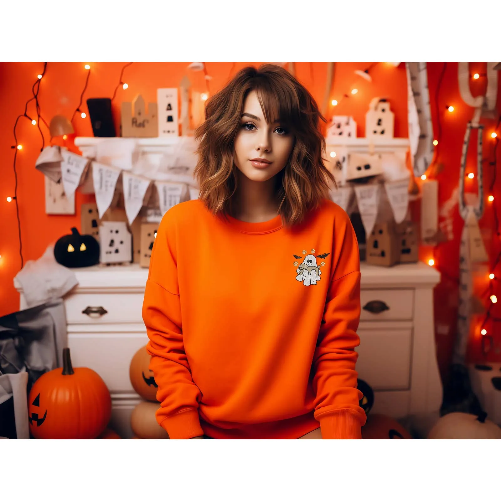 Halloween Embroidered Spooky with Dog Sweatshirt / Fall Halloween Ghost Sweatshirt