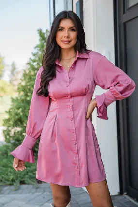 Manners Matter Rose Satin Collared Shirt Dress