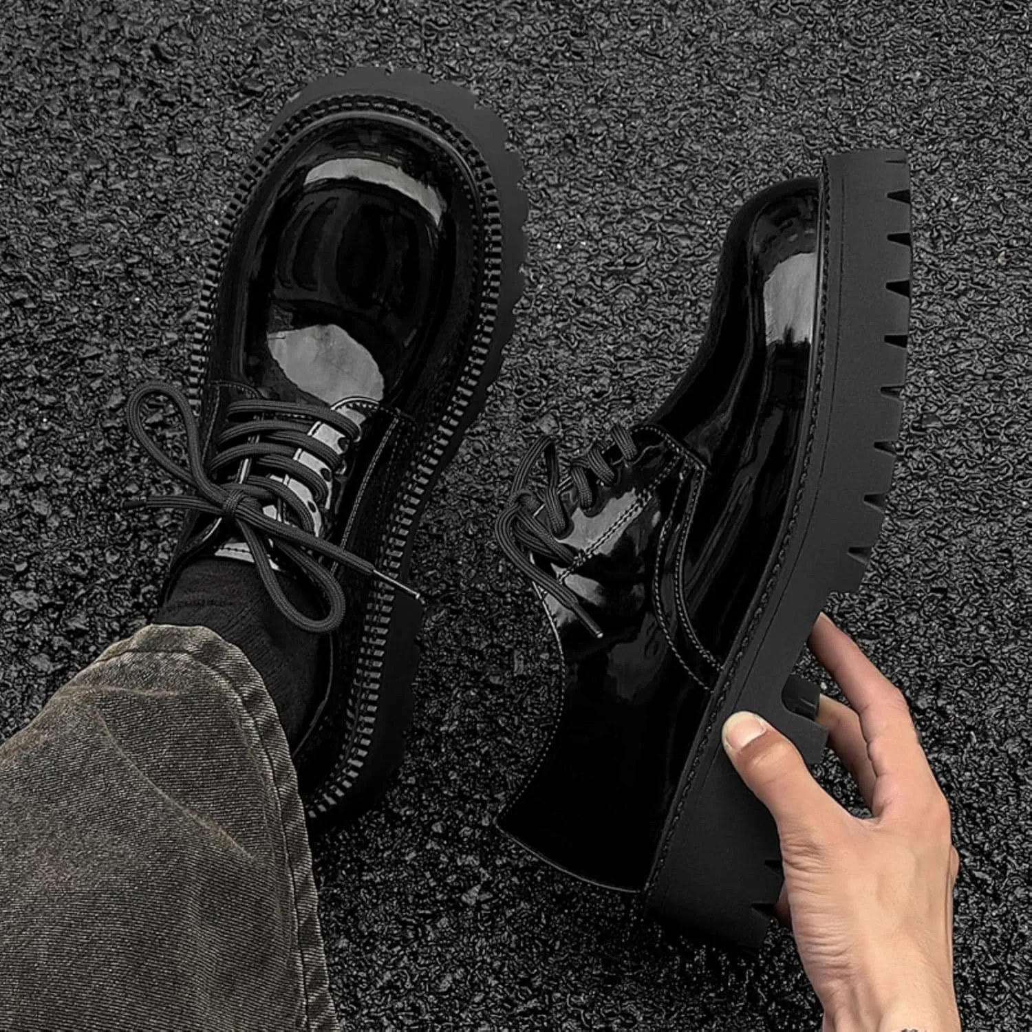 Mens Patent Leather Lace-Up Platform Dress Oxfords Shoes Casual Round Toe Non Slip Derby Shoes for Formal Business Wedding