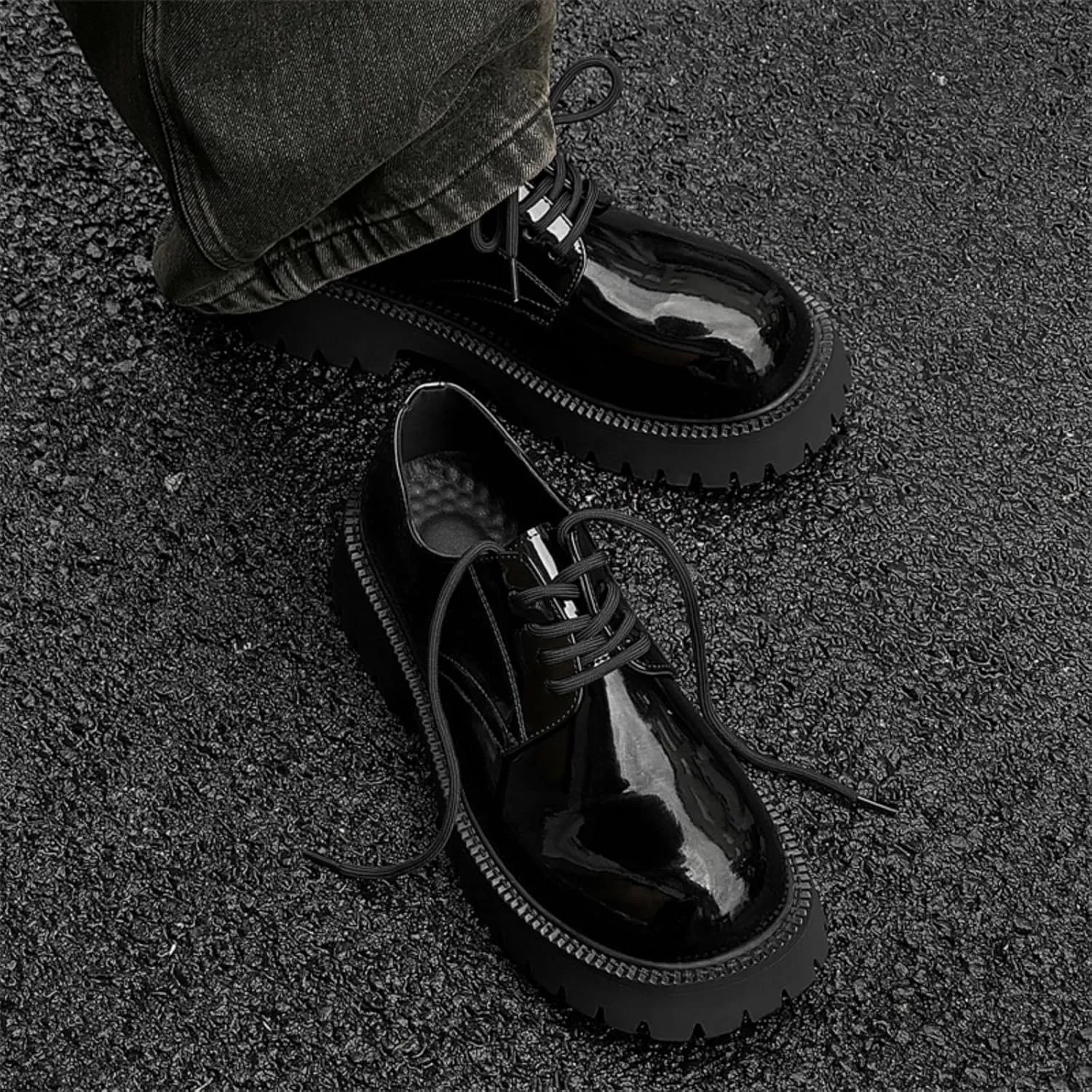 Mens Patent Leather Lace-Up Platform Dress Oxfords Shoes Casual Round Toe Non Slip Derby Shoes for Formal Business Wedding