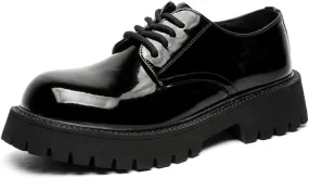 Mens Patent Leather Lace-Up Platform Dress Oxfords Shoes Casual Round Toe Non Slip Derby Shoes for Formal Business Wedding