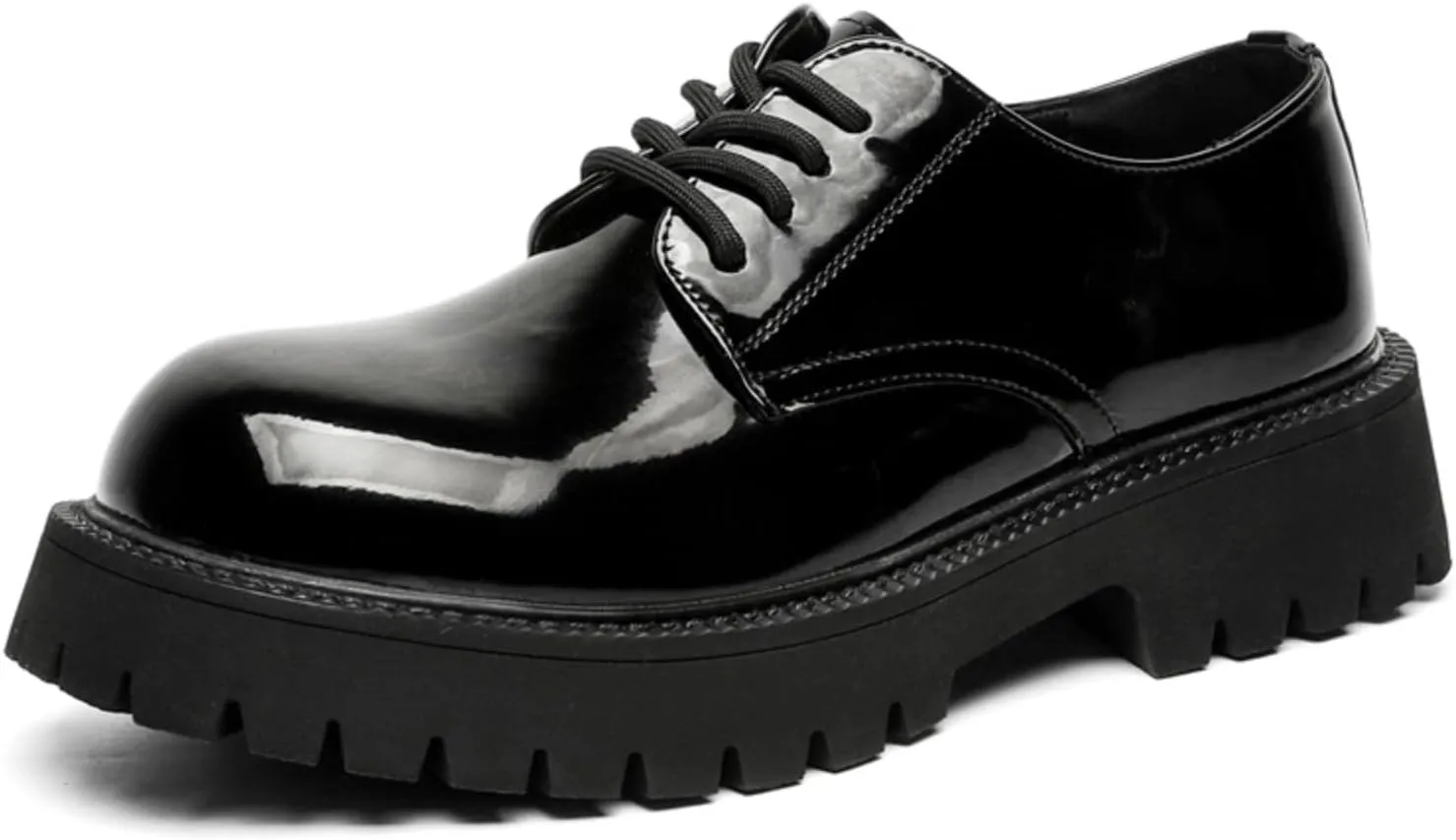 Mens Patent Leather Lace-Up Platform Dress Oxfords Shoes Casual Round Toe Non Slip Derby Shoes for Formal Business Wedding