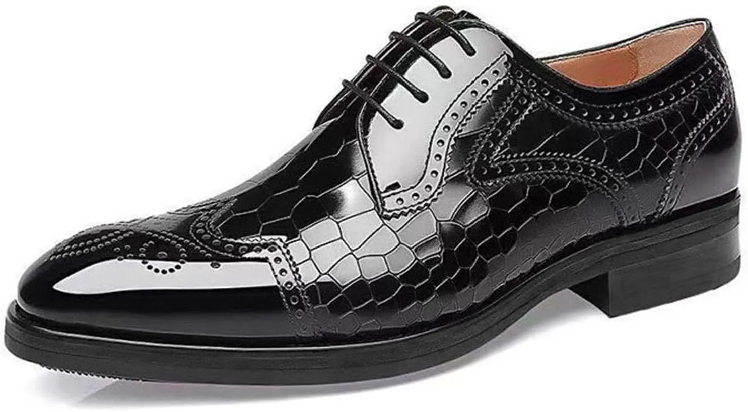 Men's Polishing Patent Leather Chunky Platform Oxford Low Heels Lace-Up Comfortable Non-Slip Dress Sneakers Breathable Casual Tuxedo Leather Shoes