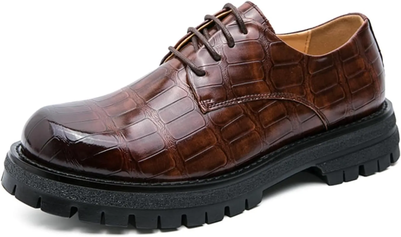 Mens Retro Stone Grain Patent Leather Lace Up Platform Dress Oxfords Shoes Low Top Non-Slip Chunky Dreby Shoes for Formal Business Wedding