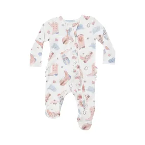 Ruffle Zipper Footie, Cowboy Boots, Pink