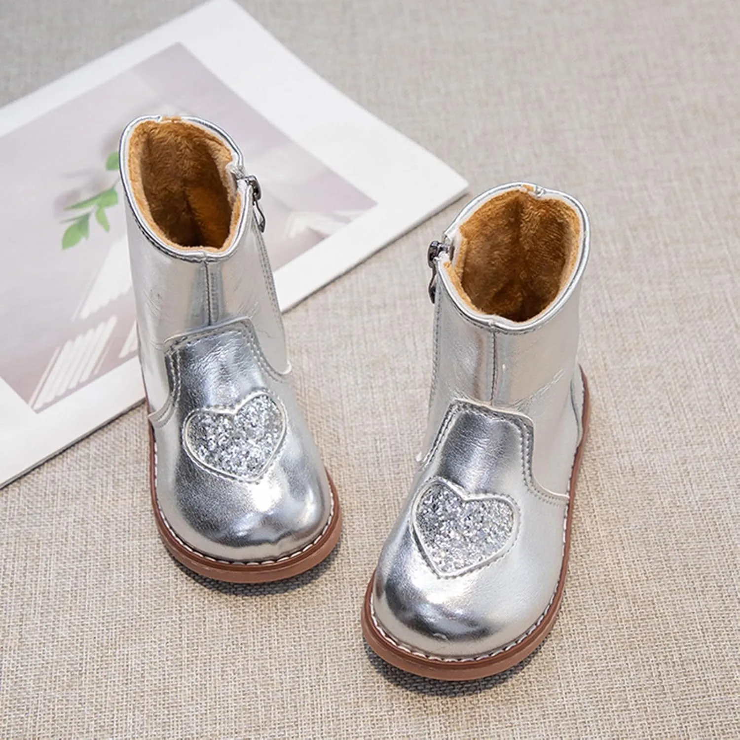 Toddler/Little Kid Girls Sweet Short Ankle Boots Heart Sequin Side Zipper Dress Booties 2024 Kids High Boots for Girls