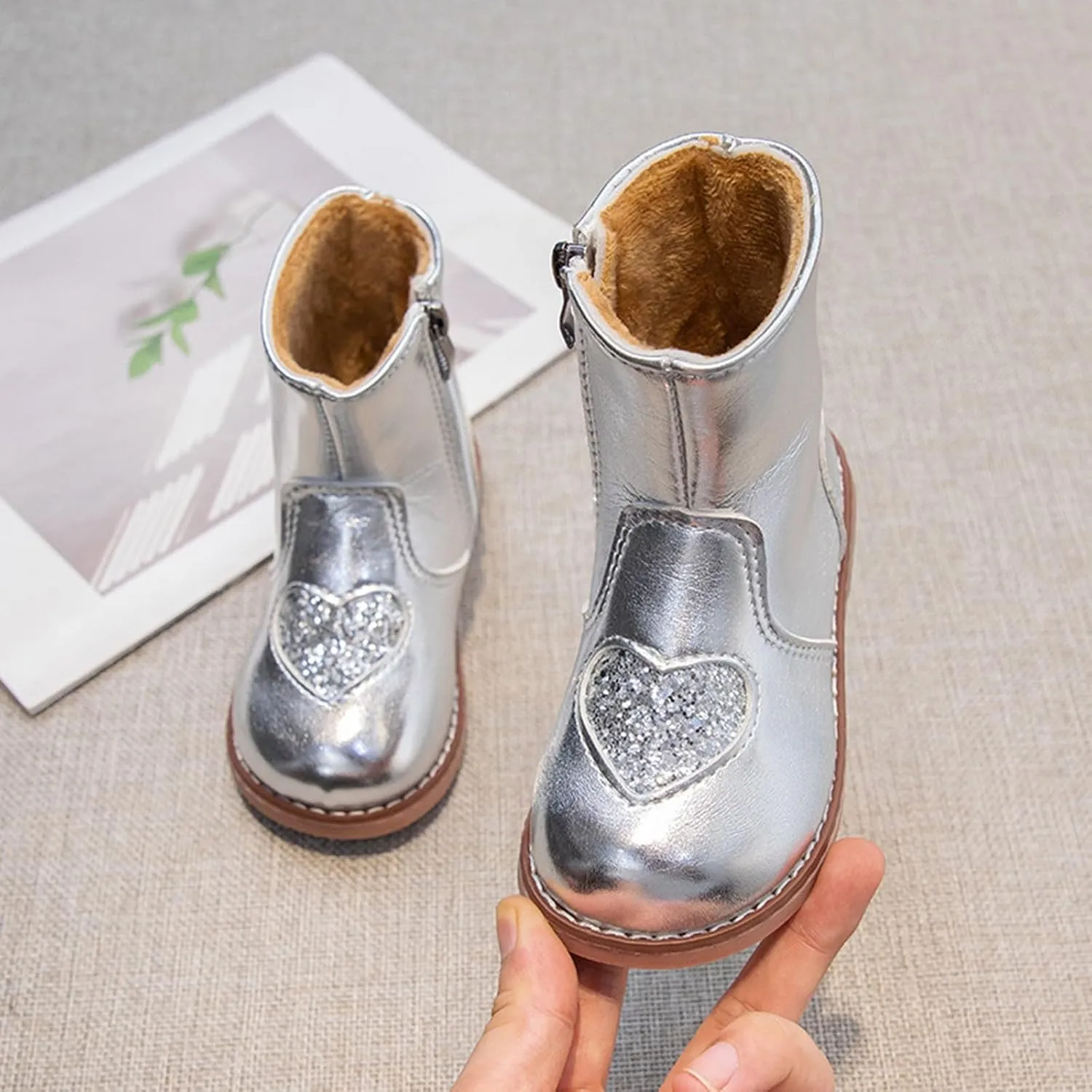 Toddler/Little Kid Girls Sweet Short Ankle Boots Heart Sequin Side Zipper Dress Booties 2024 Kids High Boots for Girls