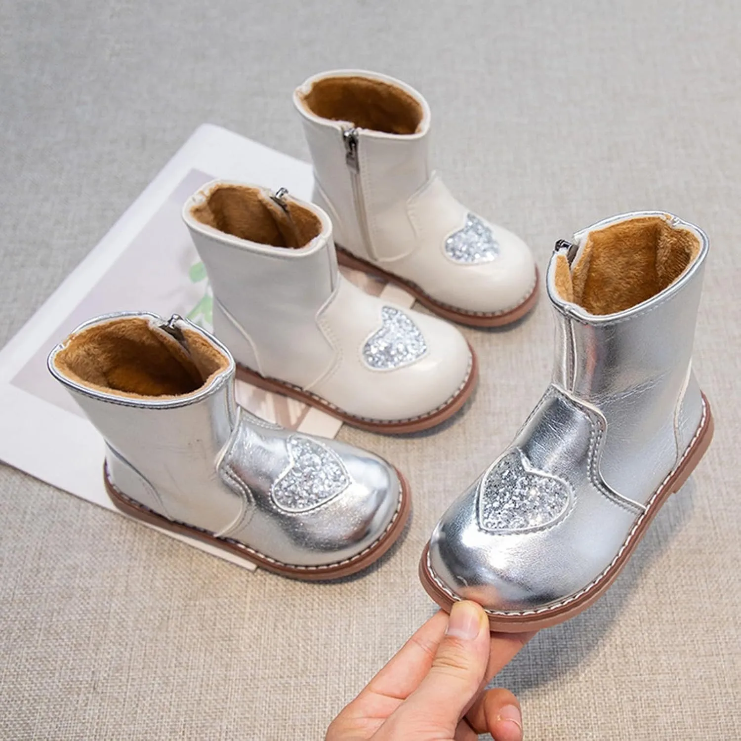 Toddler/Little Kid Girls Sweet Short Ankle Boots Heart Sequin Side Zipper Dress Booties 2024 Kids High Boots for Girls