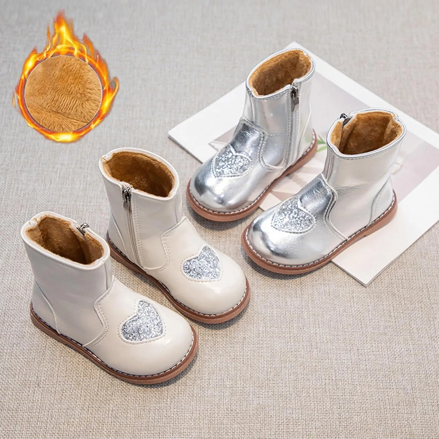 Toddler/Little Kid Girls Sweet Short Ankle Boots Heart Sequin Side Zipper Dress Booties 2024 Kids High Boots for Girls
