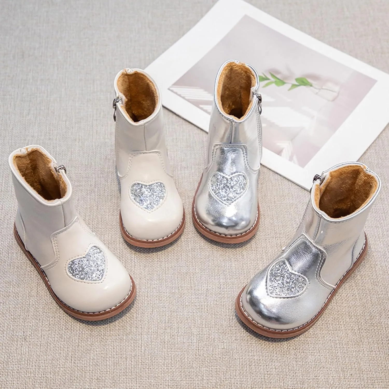 Toddler/Little Kid Girls Sweet Short Ankle Boots Heart Sequin Side Zipper Dress Booties 2024 Kids High Boots for Girls