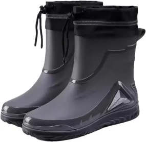 Wjnvfioo Men's Waterproof Drawstring Rain Boots Non-Slip Flat Fashion Rider Rain Boots
