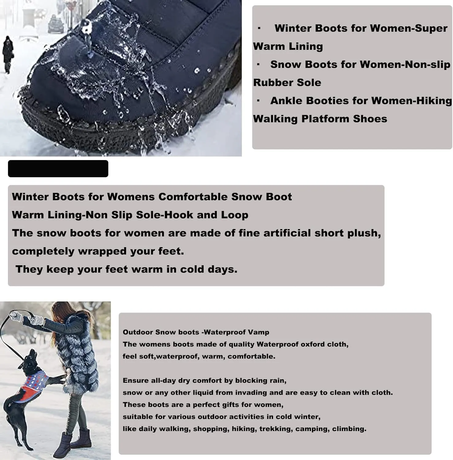 Womens Winter Fleece Snow Boots,Fur Lined Warm Ankle Boots Slip- On,Winter Waterproof Outdoor Booties